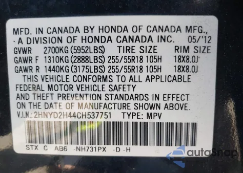 2012 Acura Mdx Technology Package z USA, uszkodzony, nr VIN 2HNYD2H44CH537751